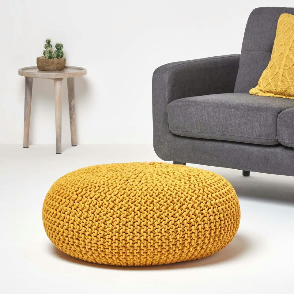 image 1 of Homescapes Mustard Large Round Cotton Knitted Pouffe Footstool | Yellow | 70 x 23 cm