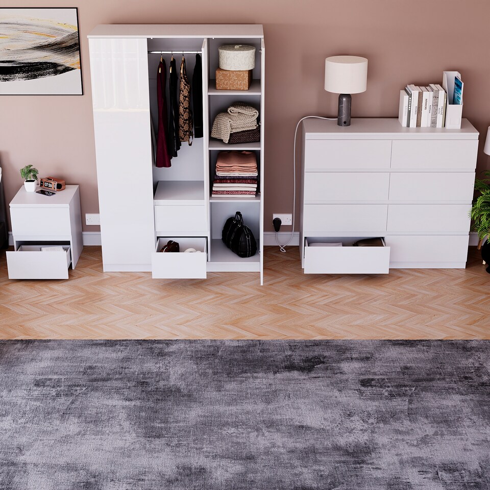 image 1 of Vida Designs Glinton 3 Piece FSC Certified Bedroom Set (2 Drawer Bedside Chest, 8 Drawer Chest, 3 Door 2 Drawer Wardrobe), White | White | White | L | 3