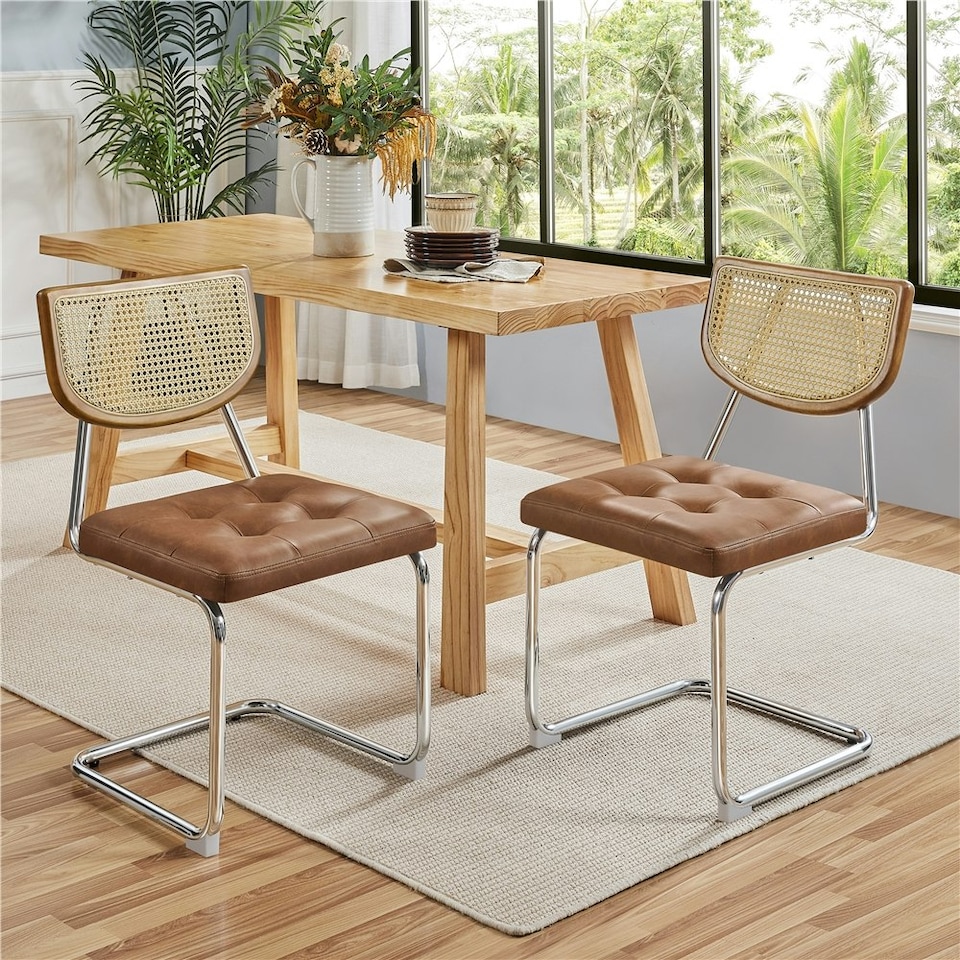 image 1 of Yaheetech Mid-Century Modern Dining Chairs with Mesh Rattan Back, Set of 2 Brown | Retro Brown