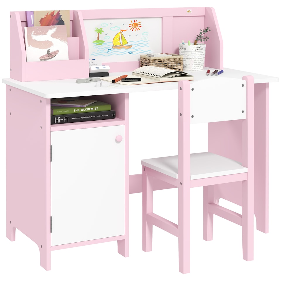 image 1 of HOMCOM Kids Table and Chair Set 2 PCs Table and Chair Set w Whiteboard | Pink