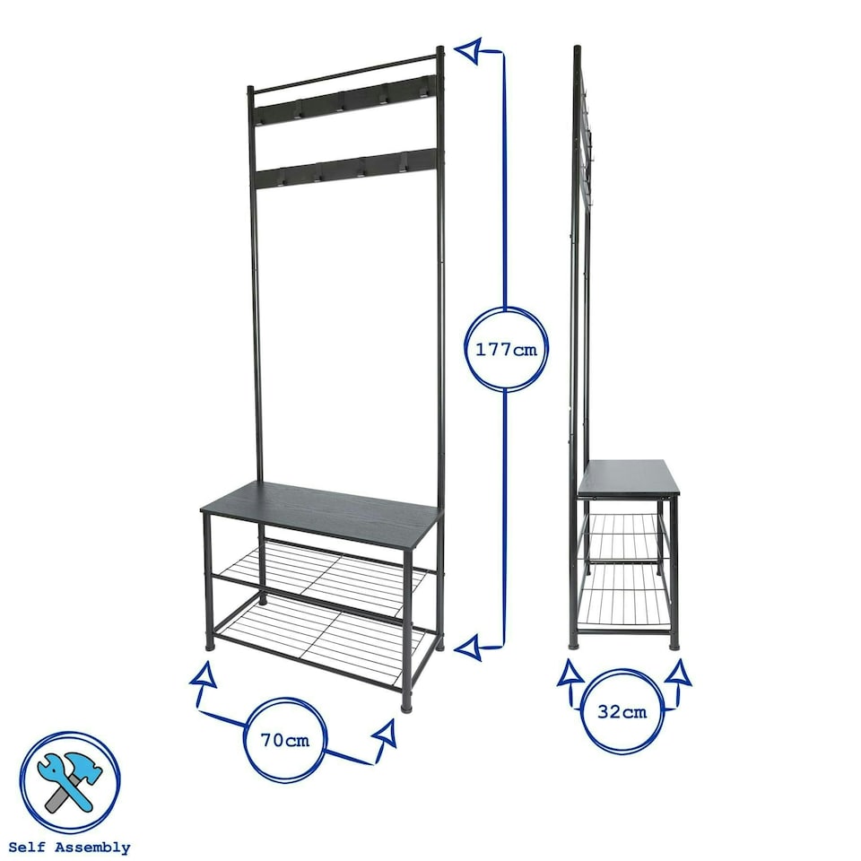 image 1 of Harbour Housewares Square Steel Coat Rack with Shoe Storage Bench - Black/Brown | Brown | Black/Brown | One Size
