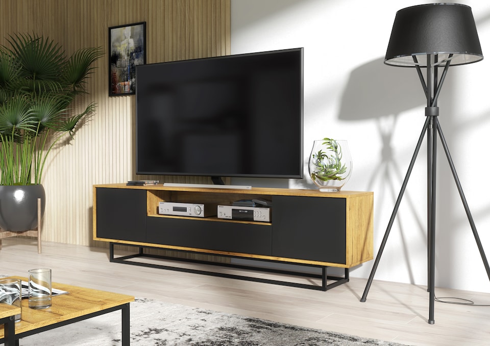 image 1 of TV Unit Sideboard Cabinet Storage Cabinet Oak Black Matt Media Console Stand 200cm