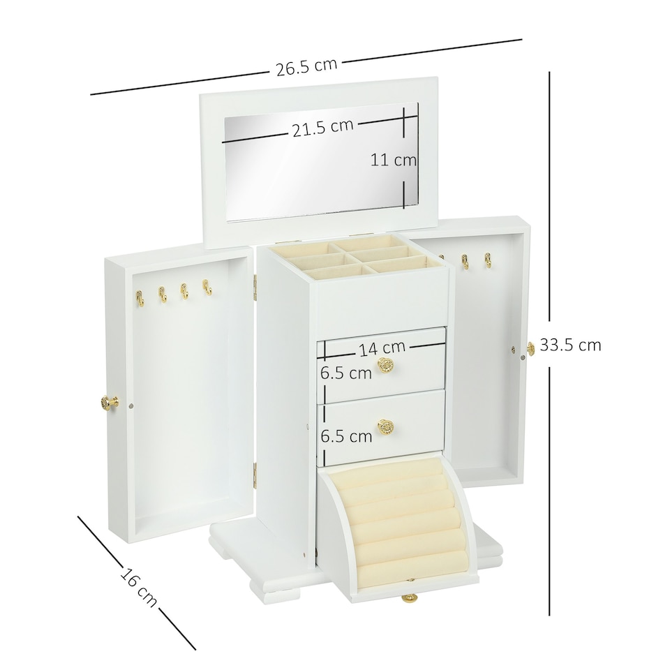 image 1 of HOMCOM 4-Tier Large Jewellery Box with Mirror and 2 Drawers, White