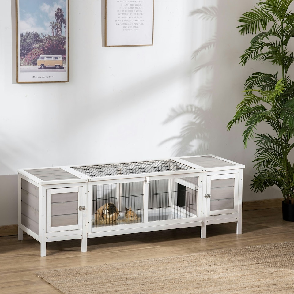 image 1 of PawHut Rabbit Hutch, Guinea Pig Cage w/ Slide Out Tray & Bunny Run, Grey