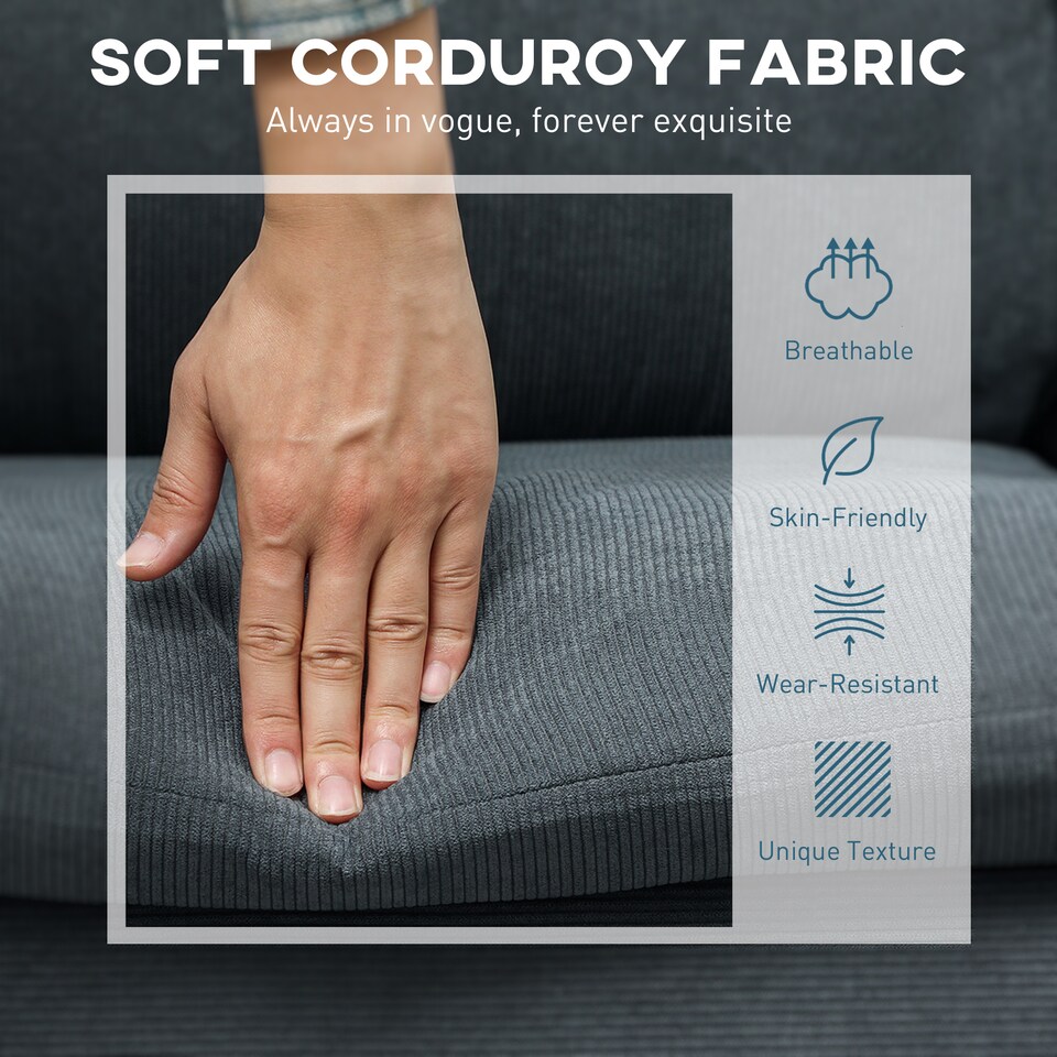 image 1 of HOMCOM 3 Seater Sofa with Ottoman, 196cm Corduroy L-shaped Sofa Couch with Scatter Back, Reversible Chaise Lounge for Living Room, Home Office, Small Spaces, Charcoal Grey | Grey