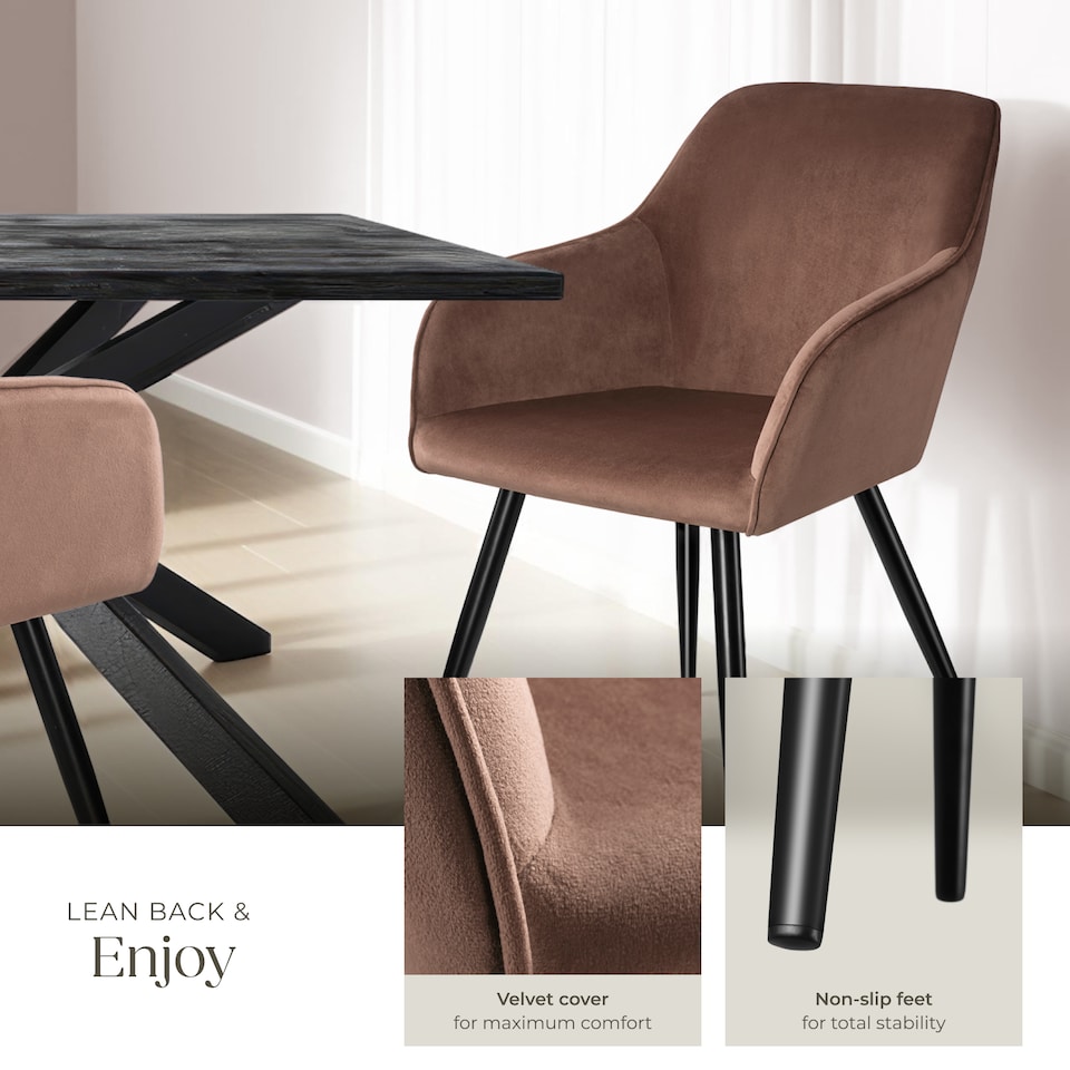 image 1 of Dining Chair Marilyn - with armrests, padded, velvet look, black steel legs | Brown | brown/black | 4