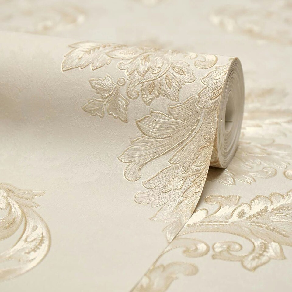 image 1 of Jasmine Damask Wallpaper in Ivory Silver Shimmer White