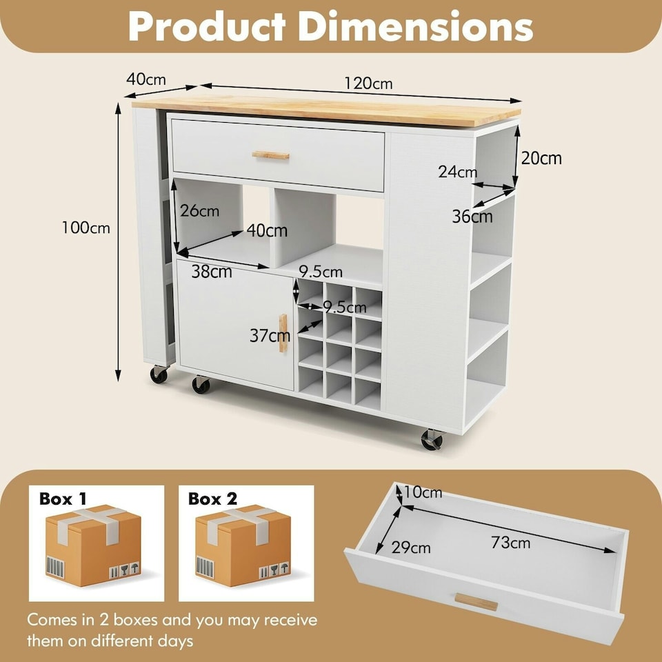 image 1 of COSTWAY 2-in-1 Kitchen Island Bar Table Storage Trolley White