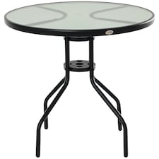 Outsunny 80 cm Round Garden Dining Table with Parasol Hole for 4, Outdoor Coffee Bistro End Side Table with Tempered Glass Top and Steel Frame for Patio, Porch, Black