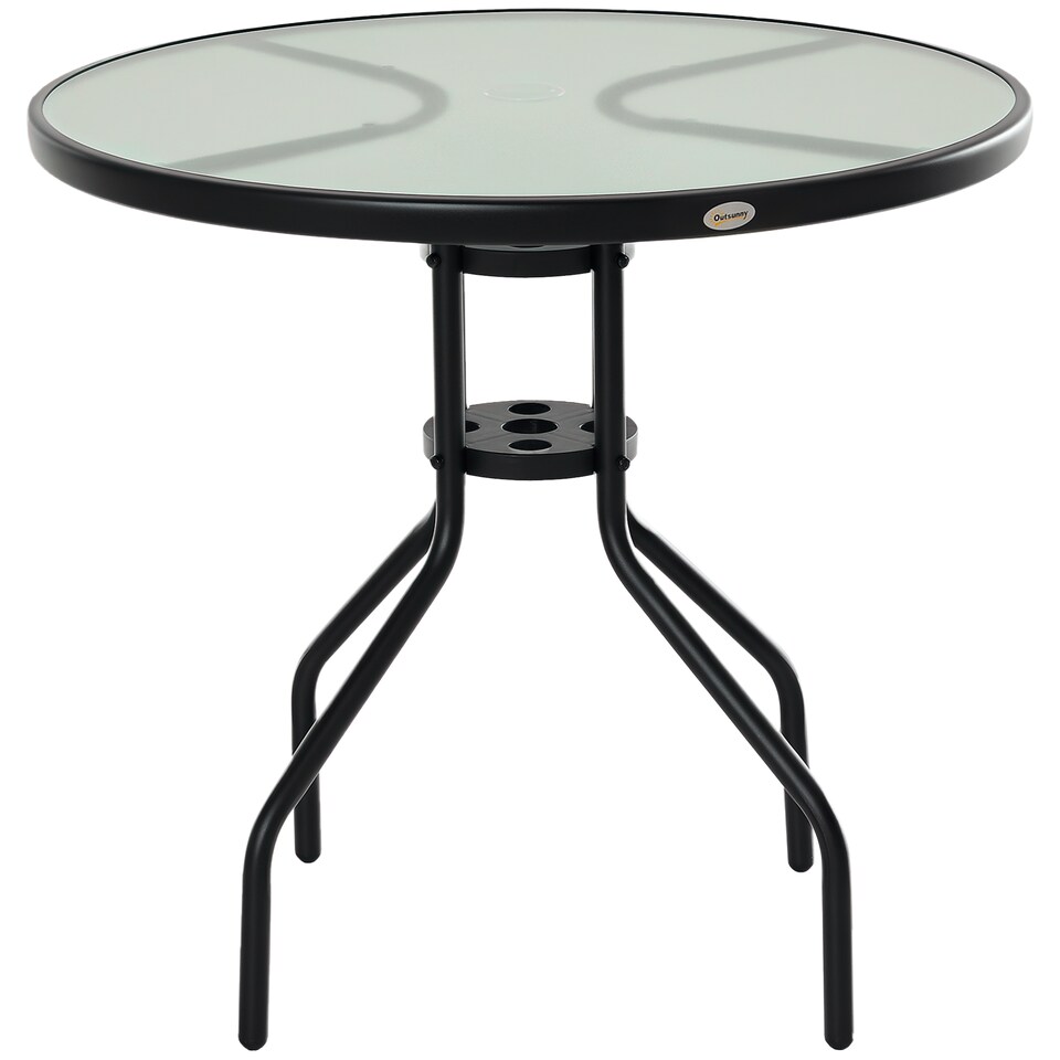image 1 of Outsunny 80 cm Round Garden Dining Table with Parasol Hole for 4, Outdoor Coffee Bistro End Side Table with Tempered Glass Top and Steel Frame for Patio, Porch, Black
