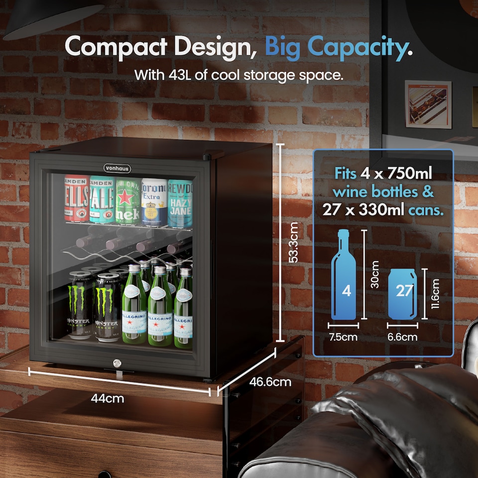 image 1 of VonHaus Drinks Fridge 43L with Reversible Glass Door