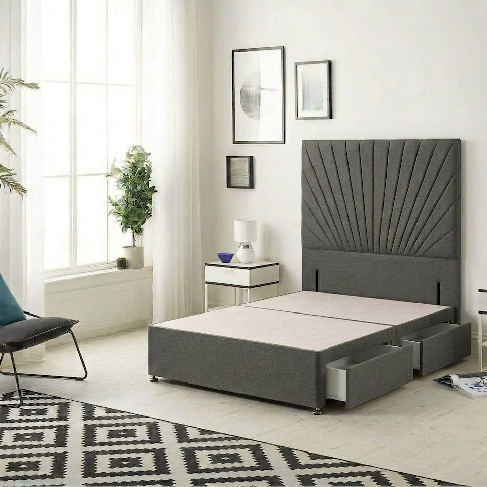 image 1 of Sunburst Divan Bed with 2 Drawers & 54'' Floor Standing Headboard Tweed Fabric | Grey | Charcoal