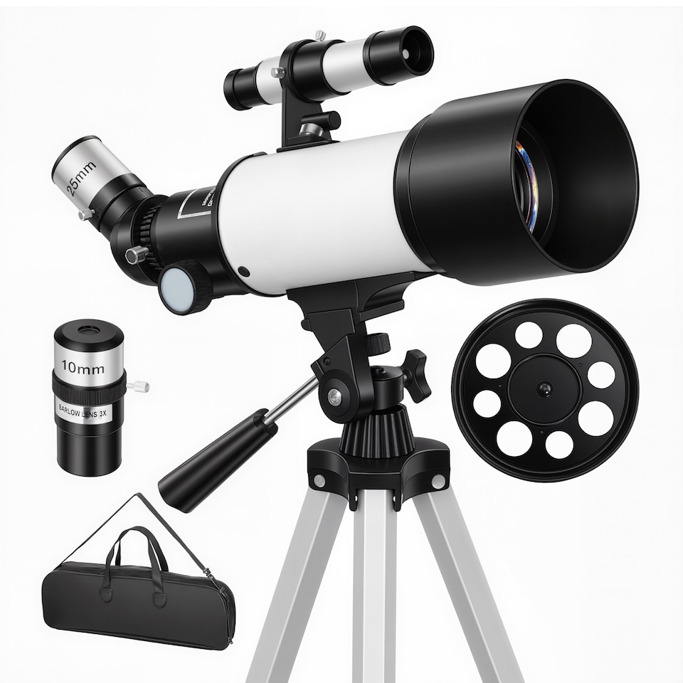 image 1 of Outsunny Astronomy Telescope for Adults and Beginners, 70 mm Aperture Portable Refractor Telescope with 40X/16X Magnification, Adjustable Tripod, Carry Bag for Travel, White