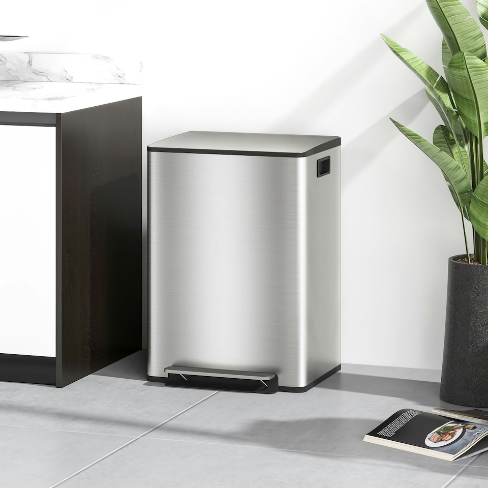 image 1 of HOMCOM 2 x 30L Double Kitchen Bin, Pedal Bin with Soft-Close Lid, Silver Silver