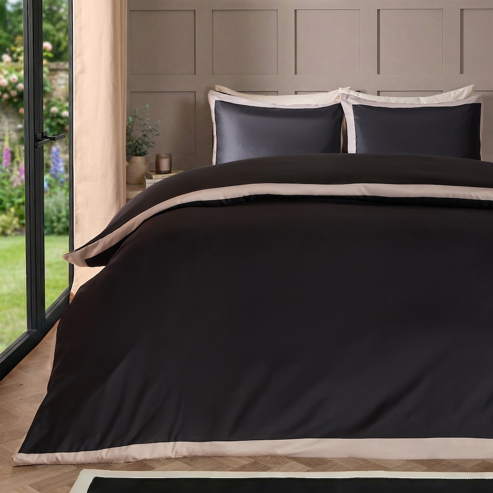 image 1 of OHS Contrast Border Microfibre Bedding Set Duvet Cover with Pillowcase | Black | Black/Stone | King
