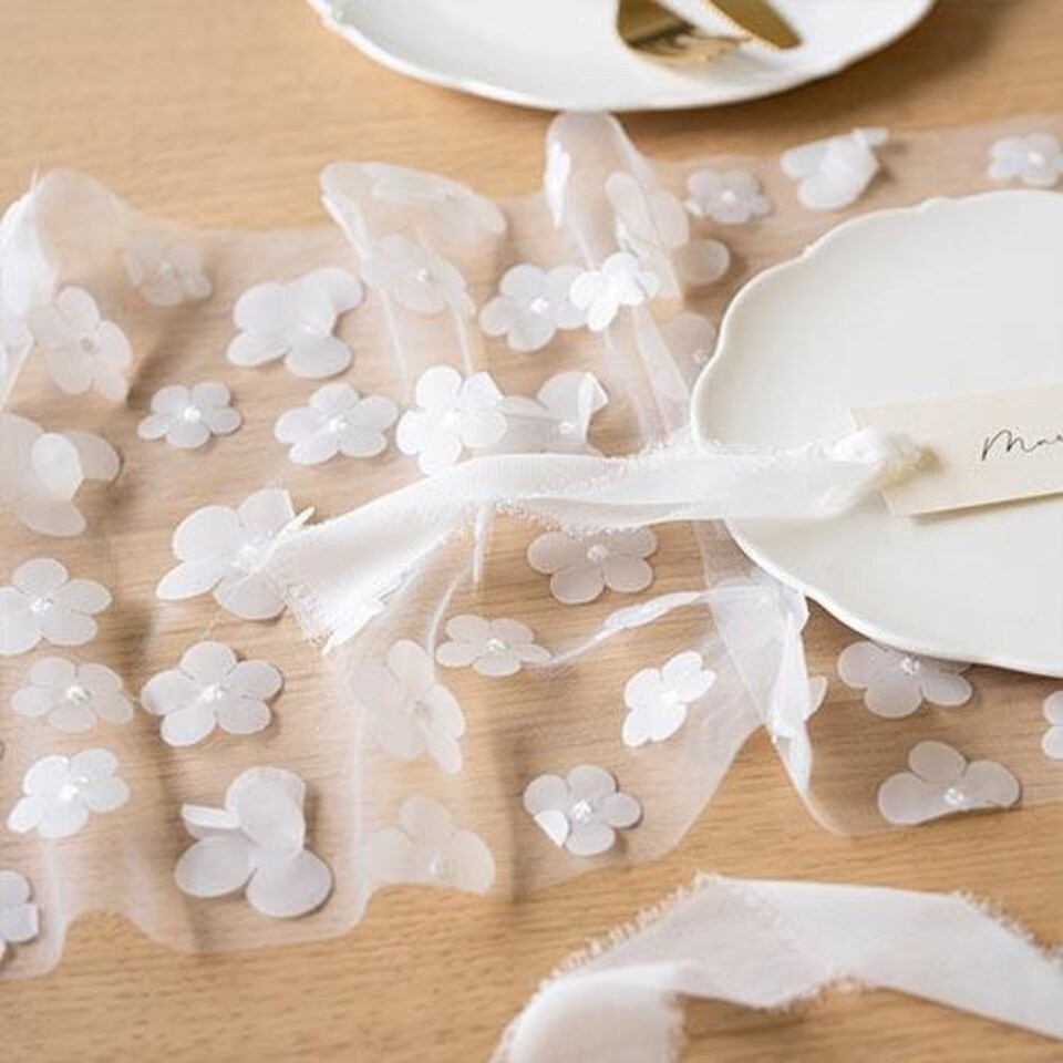 image 1 of White Floral Tulle Table Runner 5m White