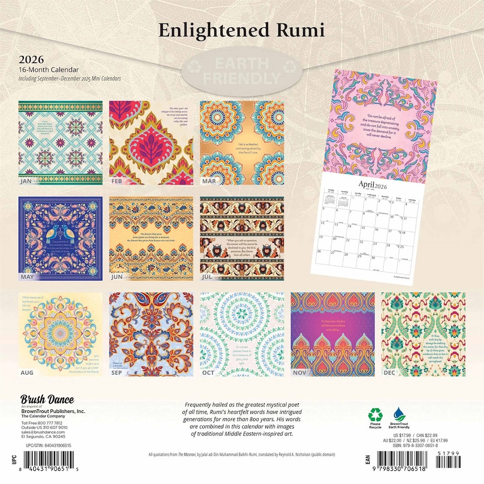 image 1 of Enlightened Rumi Calendar 2026, Wall Calendars, Month To View, Lifestyle, Gift