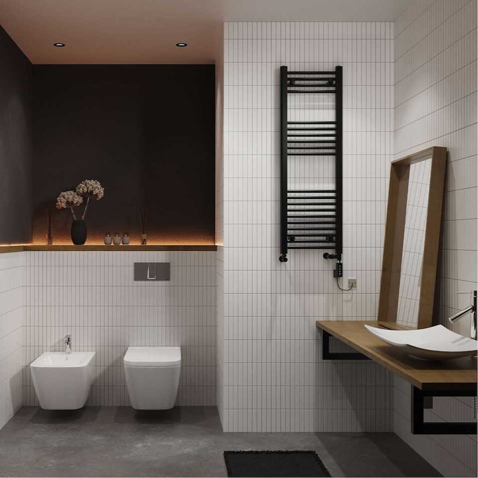 image 1 of Zennor - Black Dual Fuel Towel Rail H1200mm x W400mm Thermostatic WIFI - Straight