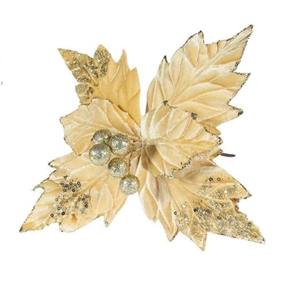 Gold Glitter Velvet Poinsettia Christmas Decoration 33cm