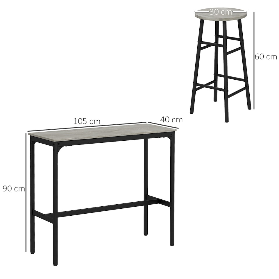 image 1 of HOMCOM 3 Piece Bar Table Set with 2 Stools, Industrial Bar Table and Stool Set, Dining Table and Chair Set for Small Space, Grey