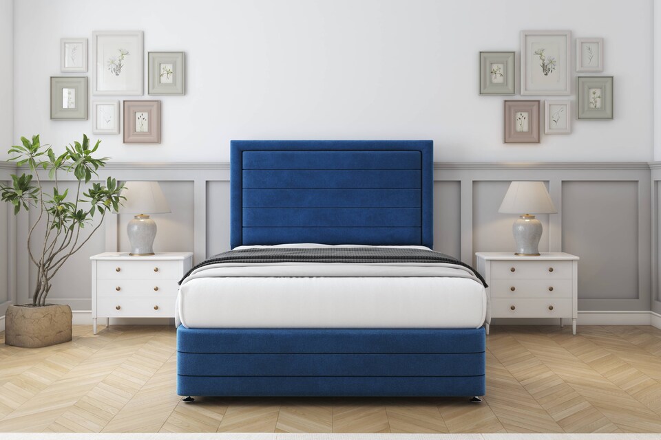 image 1 of Sloomy Ashford Navy Plush Divan Bed With Mattress 2 Drawers Left Side With 54" Floor Standing Headboard & 12" Matching Footboard 4'6 Double | Blue | Navy | Double | 1