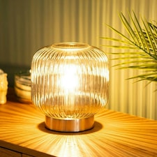 ValueLights Monroe Smoked Grey Ribbed Glass Table Lamp