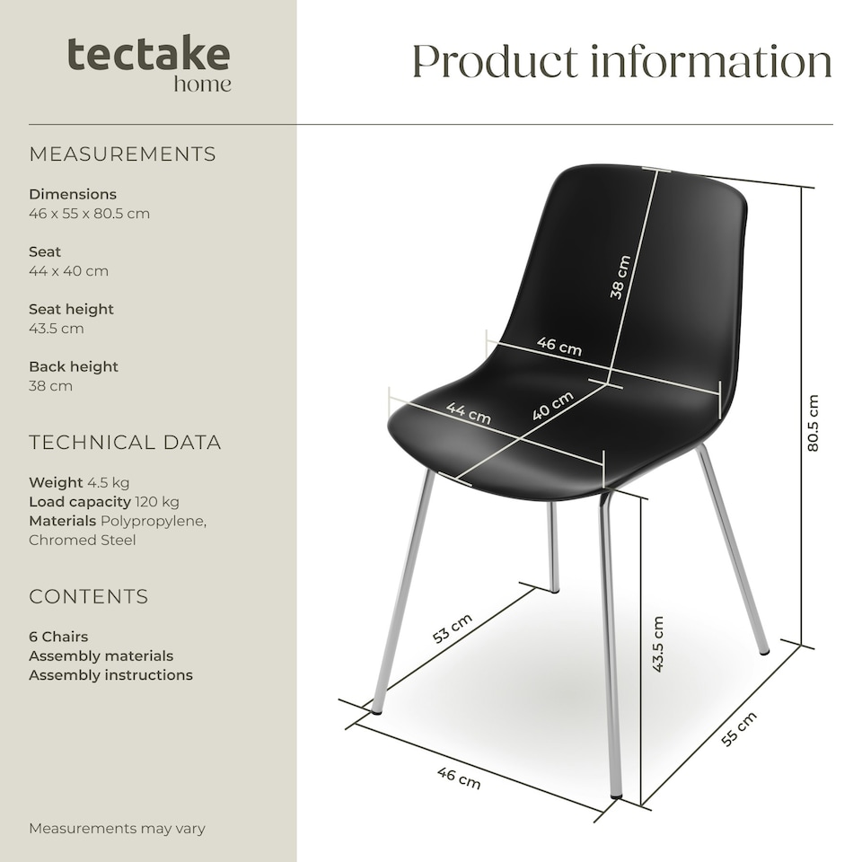 image 1 of Dining Chair Mave - large plastic seat, ergonomic, high backrest, 120 kg load capacity - Set of 6 Black | Black/Chrome