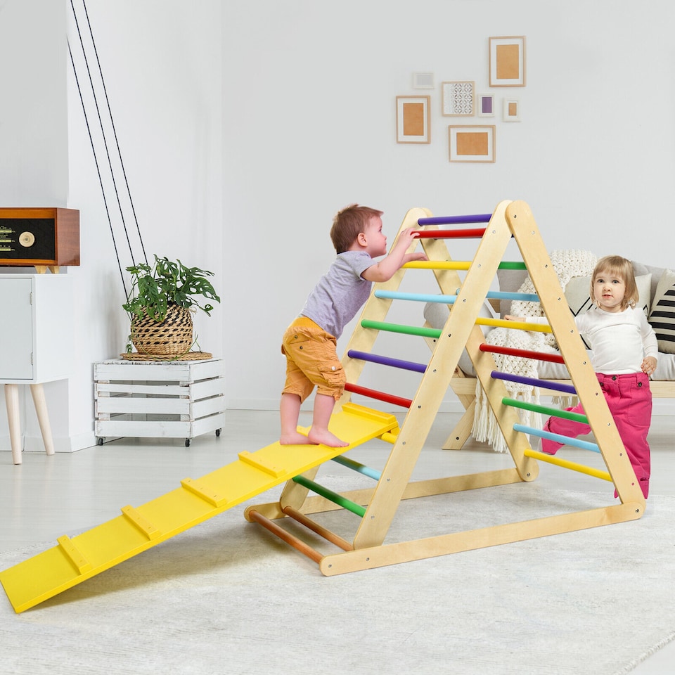 image 1 of COSTWAY Wooden Foldable Triangle Climber Step Training Ladder Pikler Toddler With Ramp
