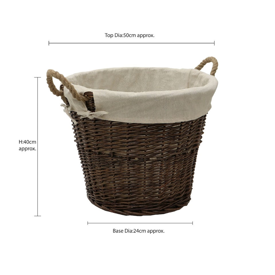 image 1 of JVL Willow Wicker Log Storage Basket with Rope Handles and Lining 50x40cm, Brown Brown