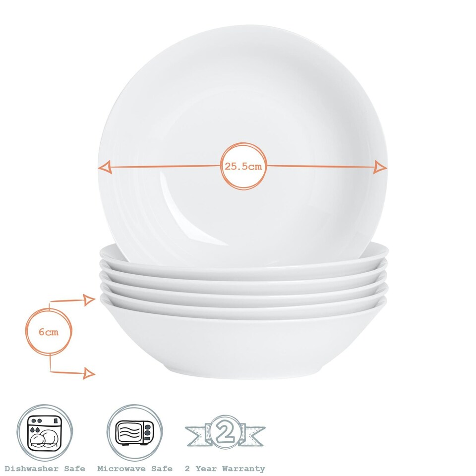 image 1 of Argon Tableware Classic White Pasta Bowls - 25.5cm - Pack of 6 - Ceramic Dinner Bowls Pasta Plates Dinner Bowls White