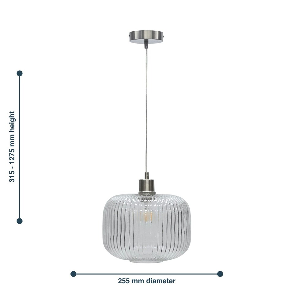 image 1 of First Choice Lighting Batley Large Clear Ribbed Glass with Satin Nickel Pendant Fitting Silver | Clear