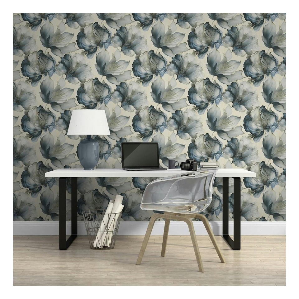 image 1 of World of Wallpaper Elysian Floral Wallpaper - Blue/Gold - 10m x 53cm Blue