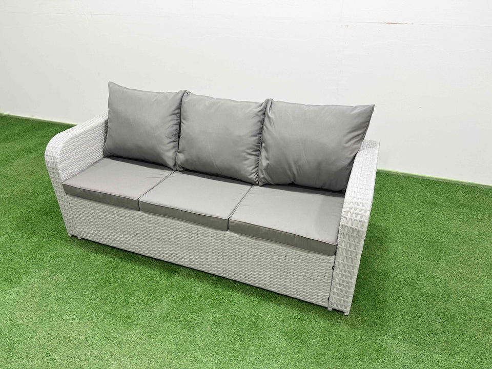 image 1 of Fimous PE Rattan Garden Furniture Set Reclining Chair Sofa Double Love Seat 2 Seater Sofa Lounge Set Firepit Dining Table 3 Stools 2 Side Table Light Grey