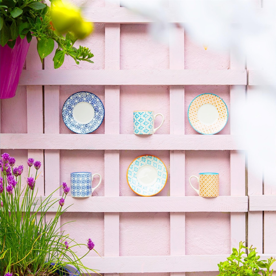 image 1 of Nicola Spring 12 Piece Hand-Printed Espresso Cup & Saucer Set - 65ml - 3 Colours | Multi | Multi | 12