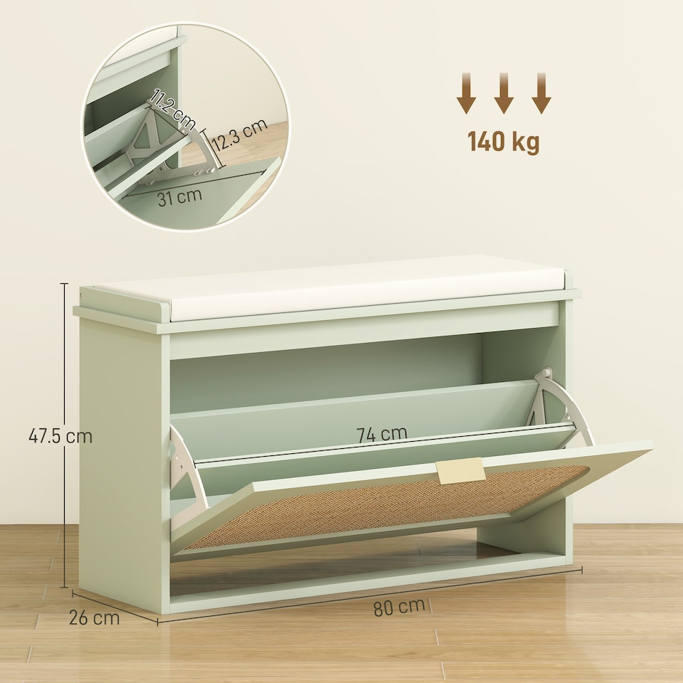 image 1 of HOMCOM Narrow Shoe Bench with Padded Seat and Flip-Drawer, Boho Shoe Storage Bench with Rattan Door and Adjustable Shelf for Hallway, Entryway, Holds 8 Pairs, Light Green | Green | Light Green