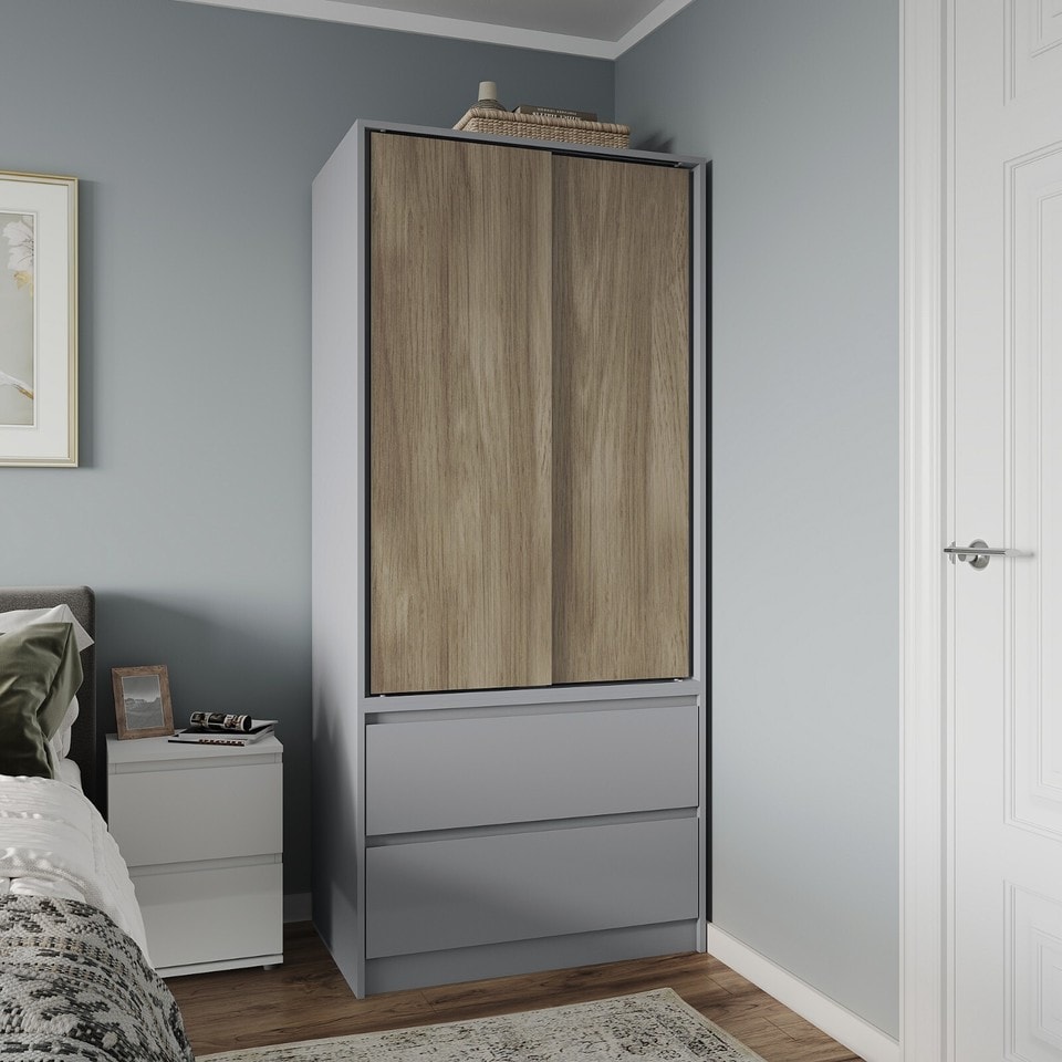 image 1 of URBNLIVING 2 Sliding Door Wardrobe With 2 Drawers And Hanging Rail | Grey | Oak Doors | 1