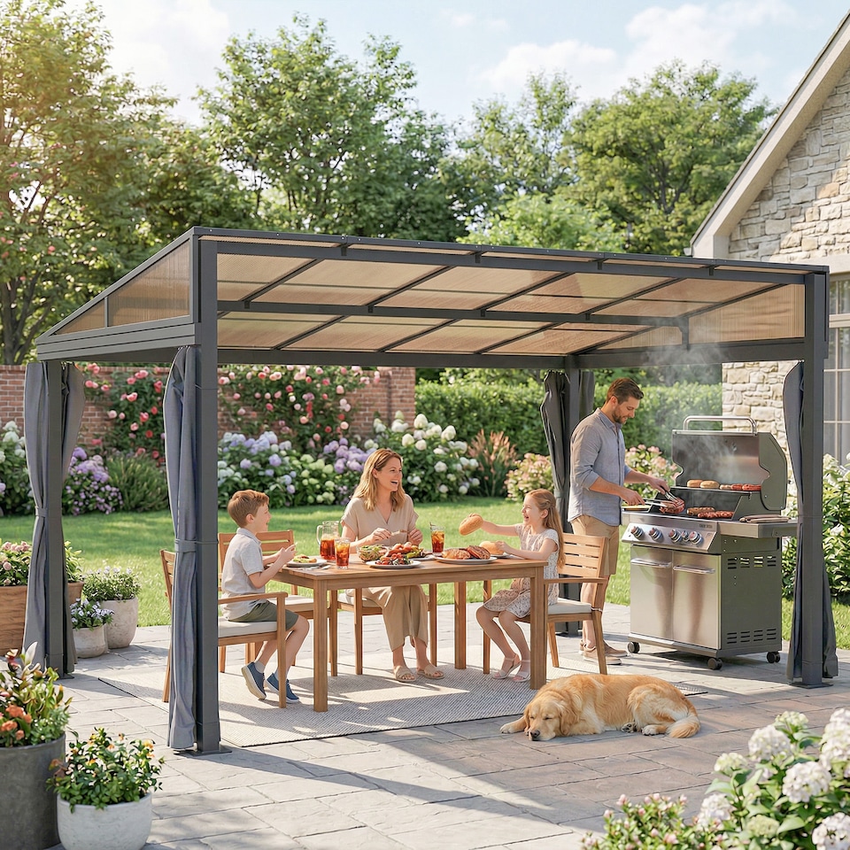 image 1 of Outsunny Outdoor Pergola Gazebo Party Tent Garden Sun Shelter 4 x 3m w/ Curtain | Grey | Grey | 396cm x 295cm x 245cm