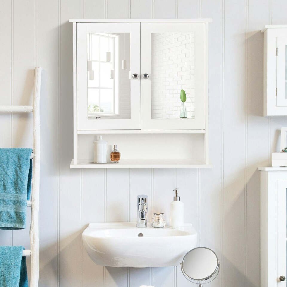 image 1 of COSTWAY Wall Mounted Bathroom Mirror Cabinet Storage White White