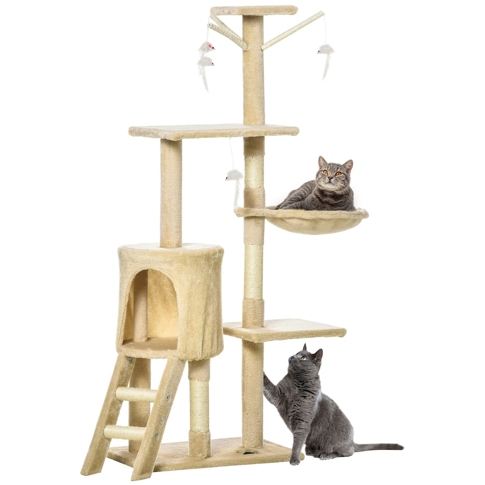 image 1 of PawHut Cat Tree for Indoor Cats, 135cm Scratching Post Climbing Tower, Beige