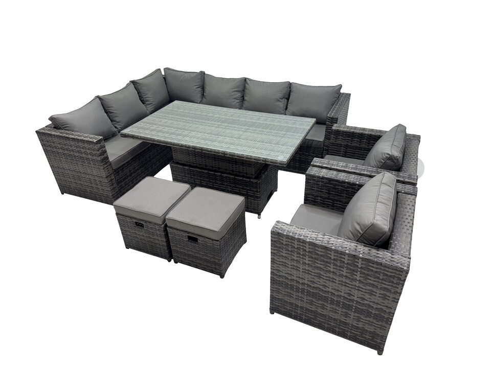 image 1 of Fimous 10-seater Height Adjustable Rising Lifting Table Corner Sofa Set Rattan Garden Furniture Dining Set with 2 Small Stool Dark Grey Mixed