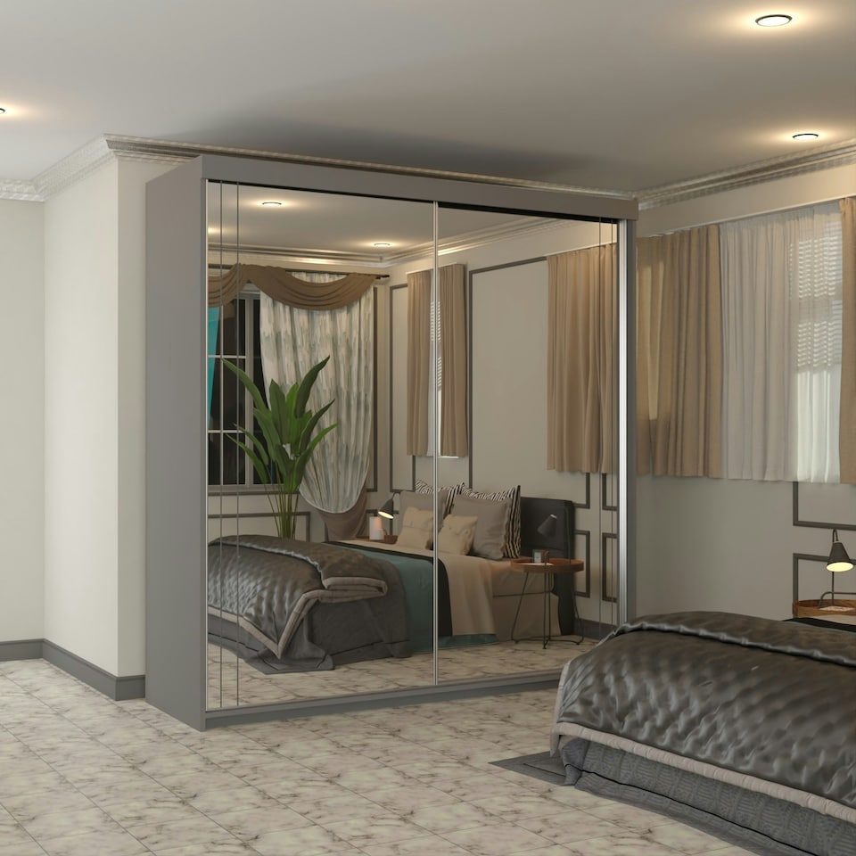 image 1 of Full Mirror Sliding Door Wardrobe in White, Black & Grey Colors - 150cm Grey | 150cm