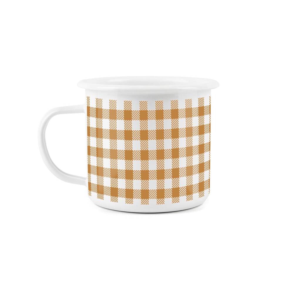 image 1 of Orange Gingham Print Enamel Mug