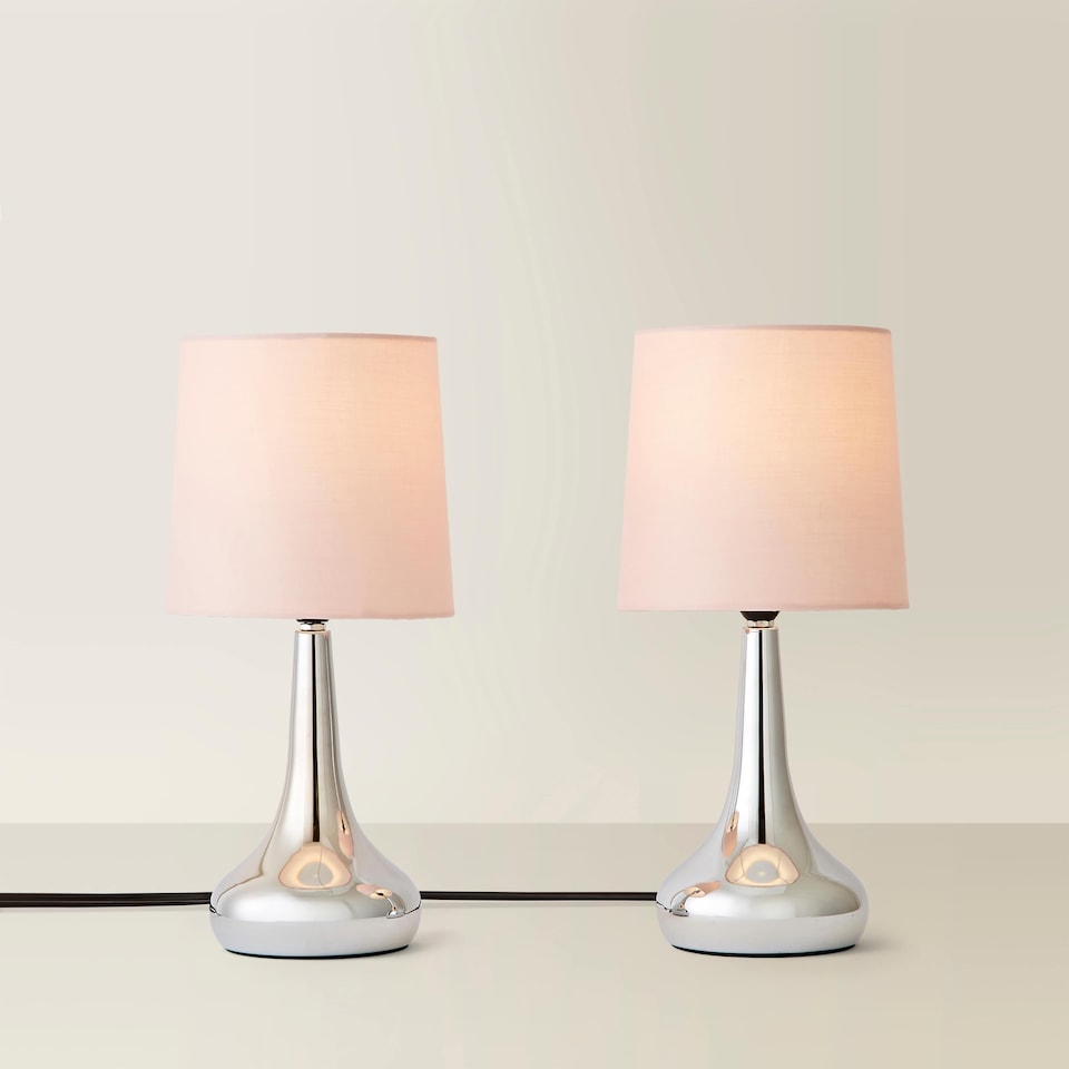image 1 of ValueLights Teardrop Pair Chrome Touch Table Lamp Pink Shade & Bulb | Pink