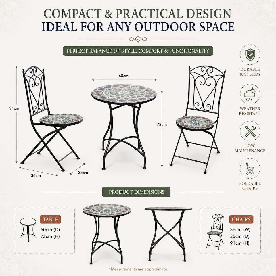 image 1 of Mosaic Bistro Set with Round Table and Two Folding Chairs for Garden Patio Balcony and Outdoor Dining
