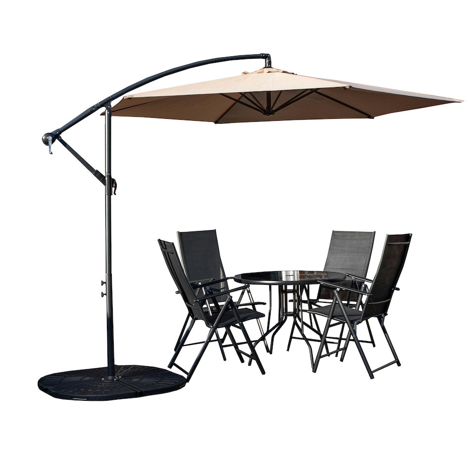 image 1 of Outdoor 4 Person Round Glass Top Garden Dining Table Chairs With Beige Banana Parasol and Base