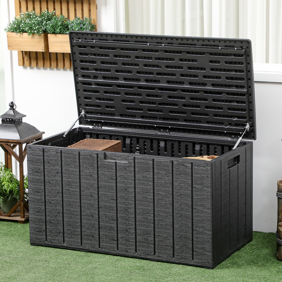 image 1 of Outsunny 336 Litre Garden Storage Box, Waterresistant Heavy Duty Double Wall Plastic Container, Extra Large Outdoor Garden Furniture Organizer, Deck Cushion Chest with Wheels and Handles, Black