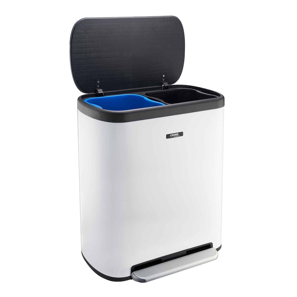 image 1 of Cooks Professional Recycle Bin 60L with Single Pedal, Dual Compartments & Soft Close Lid | White
