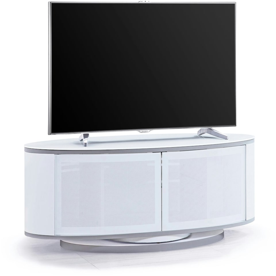 image 1 of MDA Designs LUNA Gloss White Oval Cabinet with White Profiles White BeamThru Glass Doors Suitable for Flat Screen TVs up to 50" | Multi | 1