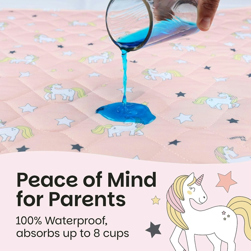 image 1 of Toddler Potty Training Bed Pad with Tucks - Soft Waterproof Bedwetting Pee Protector Mat for Kids - Multi-Layer Non-Slip Washable Absorbs Up to 2000ml 90 x 85cm Pink | Unicorn | Single