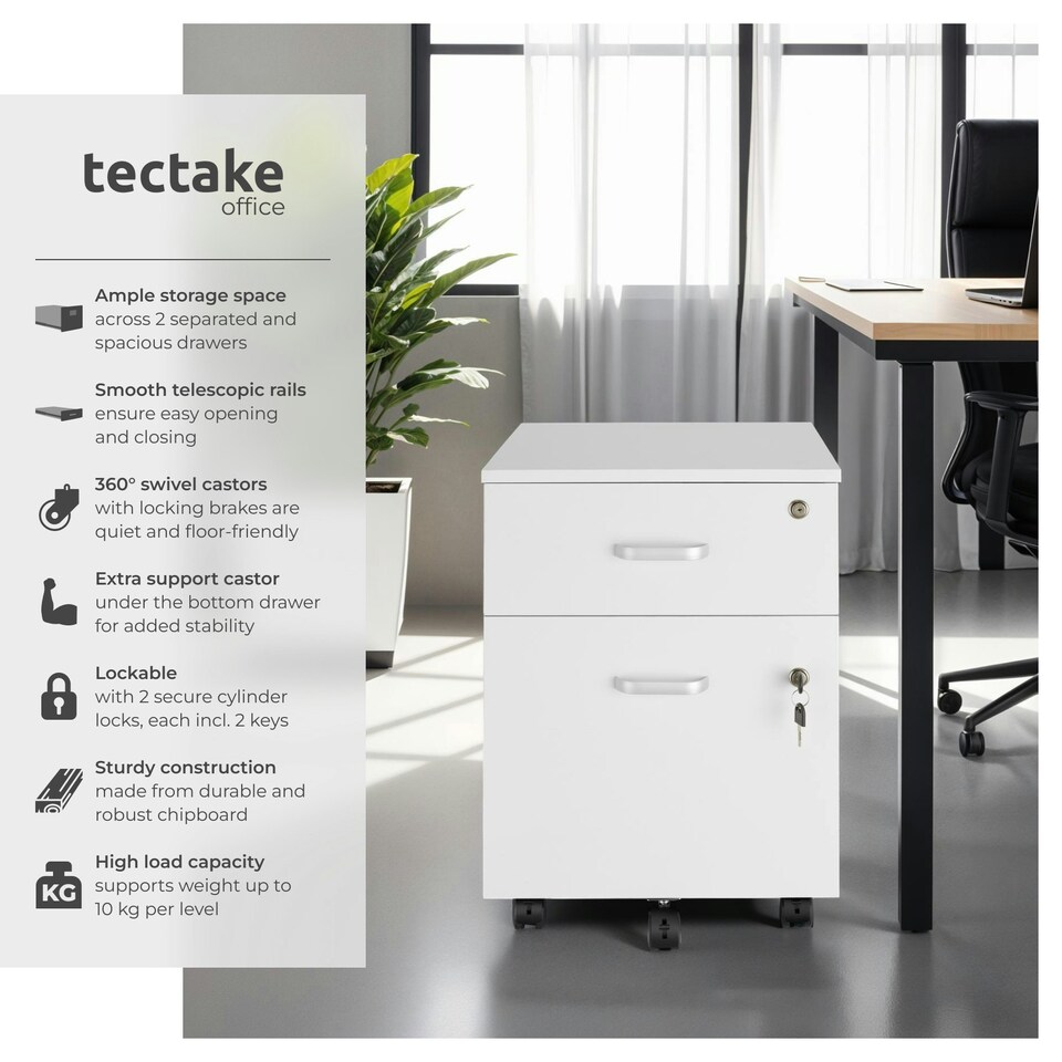 image 1 of Filing Cabinet - 2 rolling, lockable drawers, fits A4 documents White